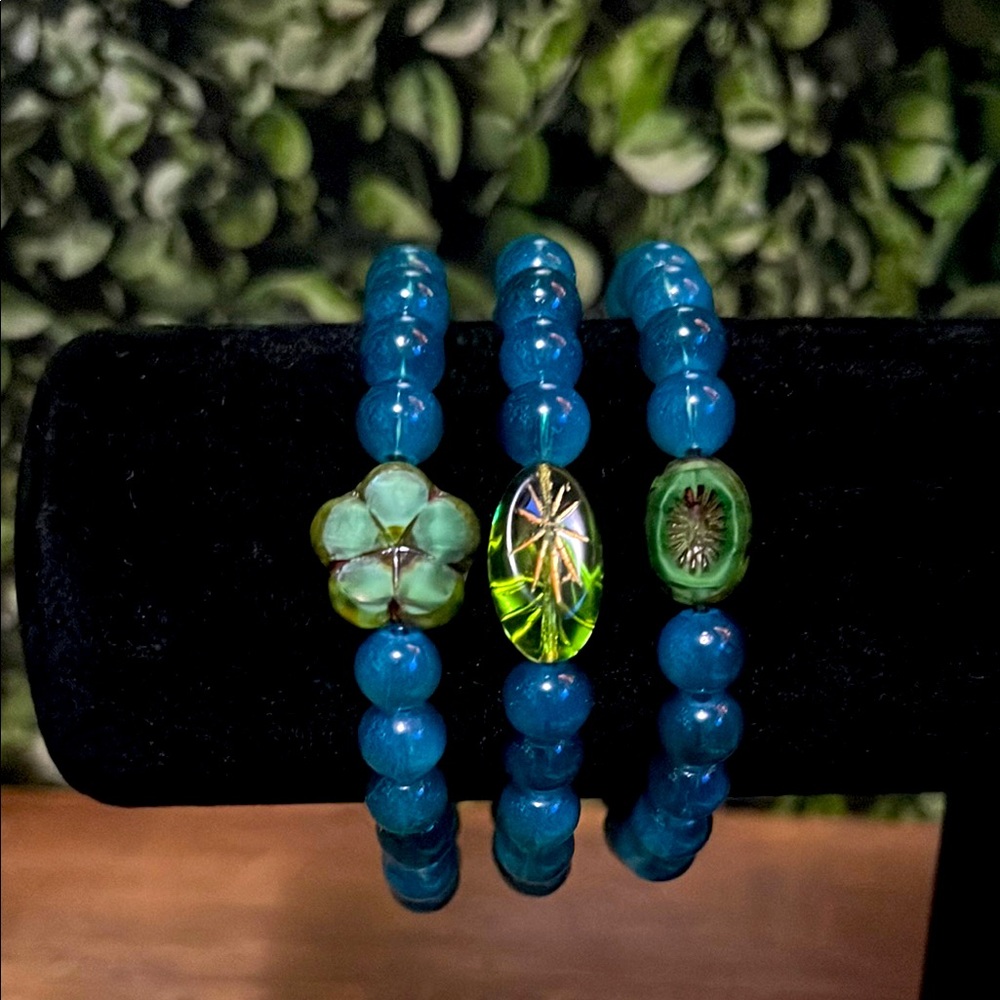 Elegant Blue and Green Beaded 3 PC Stretch Bracelet Set